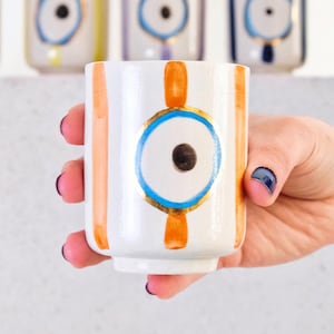 Orange Evil Eye Mug for Positivity & Luck – Handmade Real Gold Turkish Coffee Cup • Unique Housewarming or Breakup Gift • 8 oz Nazar Mug