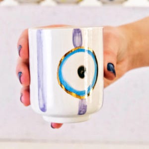 Purple Evil Eye Mug, 24k Gold Decorated Luck Gift, Hand-Painted Turkish Nazar Coffee Cup 8 oz / 220 ml, Housewarming Stoneware Mug