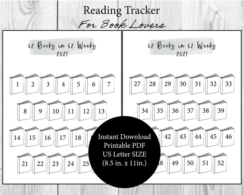 52 Books in 52 Weeks Reading Challenge Tracker US Letter Etsy