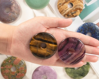 50mm Hand-Carved Safety Buckle, 28 Kinds Natural Stone, Mystical Crystal, Donut Pendant