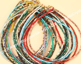 Natural Gemstone 2mm-3mm Smooth Round Beads Mini Necklace , Healing Crystal Quartz Stainless Steel Chain Choker Fashion Jewelry Women Gifts