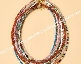 Mini collier de perles à facettes en pierres précieuses naturelles de 2-3 mm, cristal de guérison, or, chaîne en acier inoxydable, tour de cou, bijoux délicats pour ses cadeaux