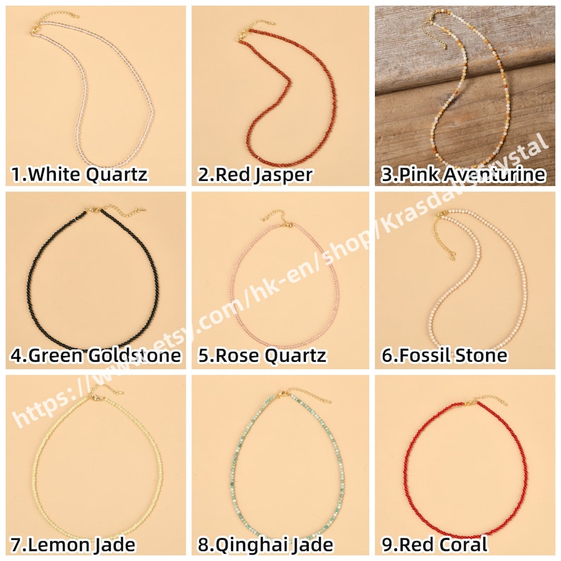Natural Gemstone 2mm 3mm Smooth Round Beads Mini Necklace , Healing Crystal Quartz Stainless Steel Chain Choker Fashion Jewelry Women Gifts image 3