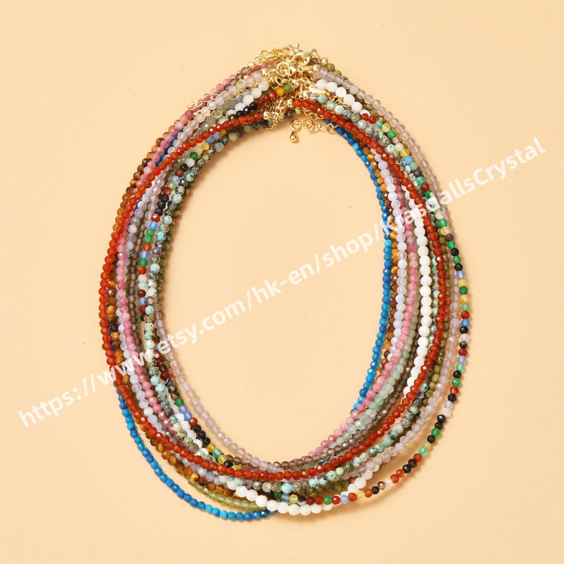 Mini collier de perles à facettes en pierres précieuses naturelles de 2-3 mm, cristal de guérison, or, chaîne en acier inoxydable, tour de cou, bijoux délicats pour ses cadeaux image 1