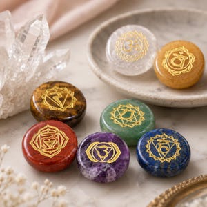 May include: A collection of seven smooth, round polished stones in various colors including red, orange, yellow, green, blue, purple, and clear, each featuring a distinct gold-colored chakra symbol engraved on the top surface.