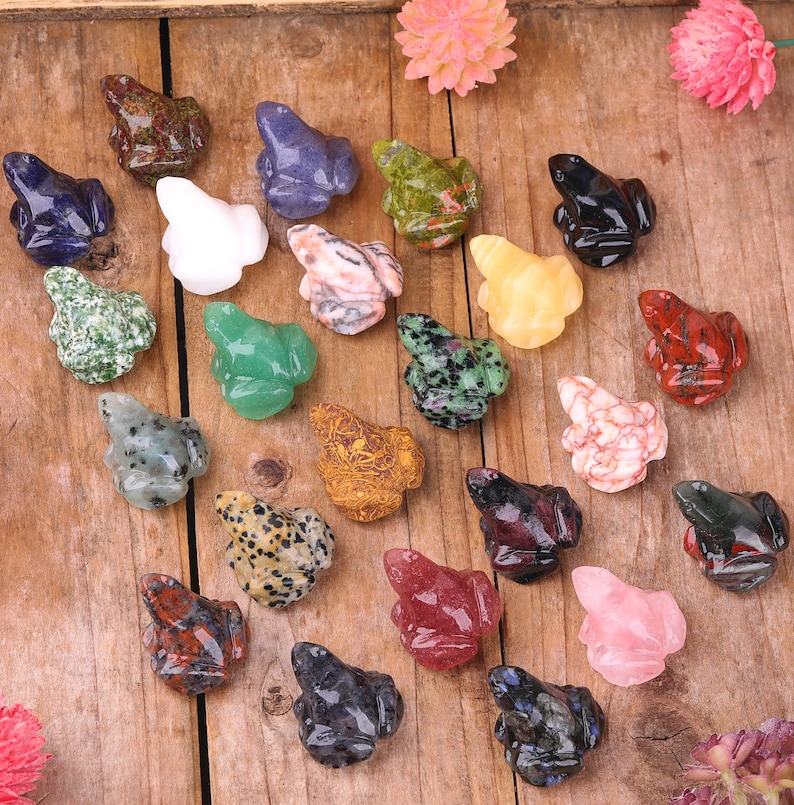 K&ouml;nnte beinhalten: Eine Sammlung von 20 kleinen Froschfiguren, die aus verschiedenen Arten von bunten Edelsteinen geschnitzt sind. Die Fr&ouml;sche sind in einem Halbkreis auf einer Holzoberfl&auml;che angeordnet.