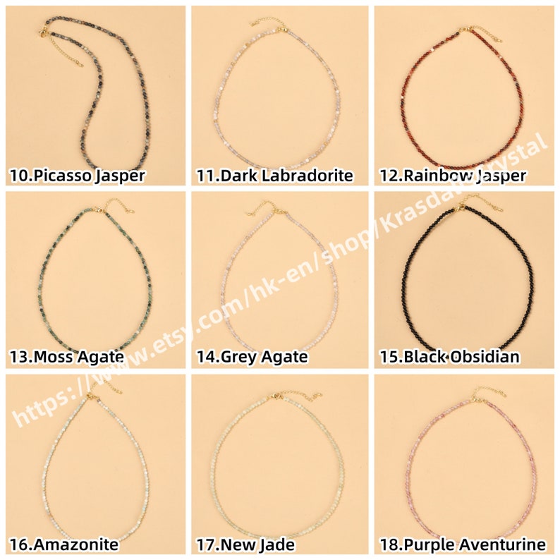 Natural Gemstone 2mm 3mm Smooth Round Beads Mini Necklace , Healing Crystal Quartz Stainless Steel Chain Choker Fashion Jewelry Women Gifts image 4