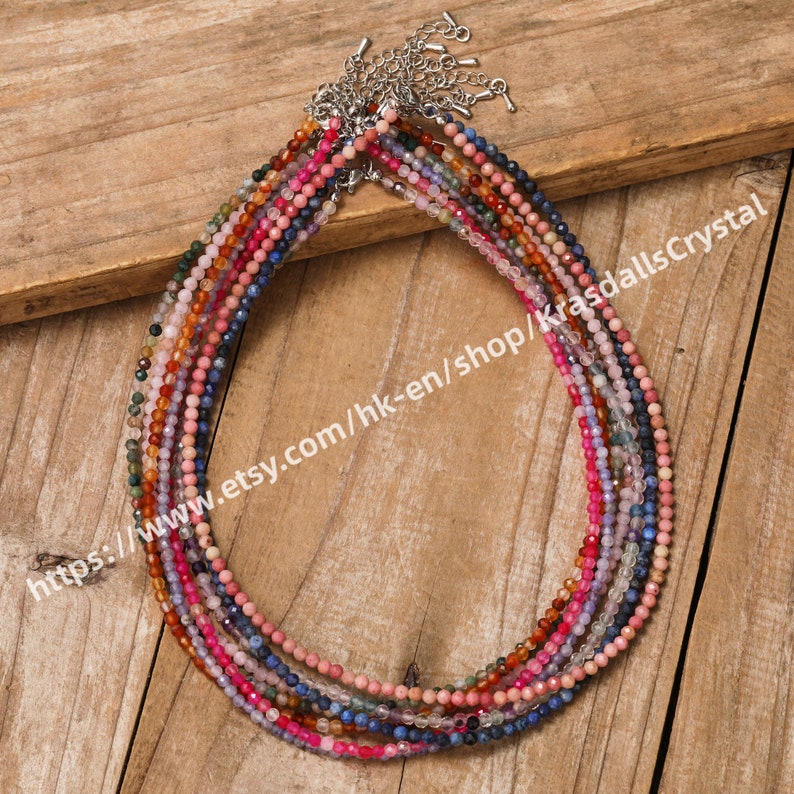 Natural Gemstone Mini Faceted Beads Necklace 2-3mm Healing Crystal Gold Stainless Steel Chain Chokers Dainty Jewelry for her Gifts image 2