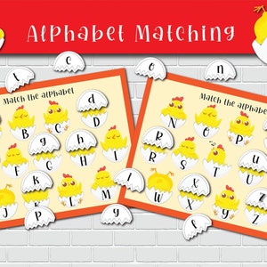 Actividad imprimible de correspondencia alfabética. Aprendizaje de letras mayúsculas y minúsculas para niños pequeños/preescolares, páginas de libros ocupadas, educación en casa, jardín de infantes, preescolar