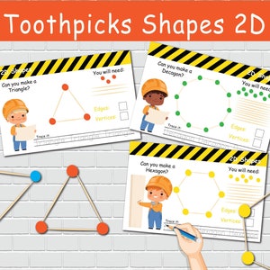 Cure-dents et pâte à modeler Formes 2D Activité imprimable préscolaire Apprentissage à la maison Ressources Montessori