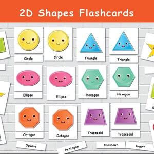 Flashcard con forme 2D, Flashcard in tre parti, Forme geometriche, Materiale didattico Montessori, Schede di nomenclatura, Risorse per la scuola domestica.