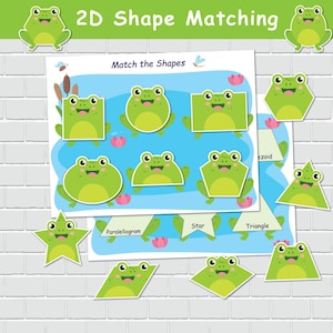 Activité d'association de formes de grenouilles, formes 2D, page de livre chargée pour le printemps, jeux pour dossiers, éducation spéciale, cartable d'apprentissage préscolaire.