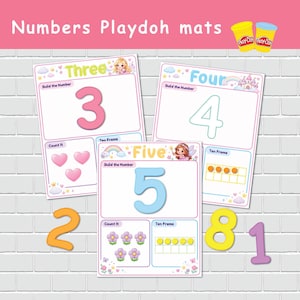 May include: Three educational activity mats labelled Three, Four, and Five, featuring numbers, counting tasks with hearts and flowers, and ten frames. Includes loose orange number 2, yellow number 8, and purple number 1 cutouts.