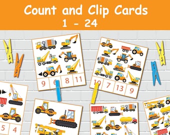 May include: A set of 5 printable count and clip cards featuring construction vehicles. Each card has a different number of vehicles and a set of numbers to clip to the card. The numbers range from 1 to 24.