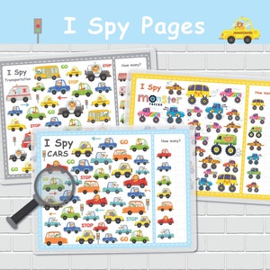 I Spy アクティビティ交通テーマ、子供向けの探して探す数えゲーム、幼稚園向け印刷物、ファイルフォルダー ゲーム、幼稚園前の学習。