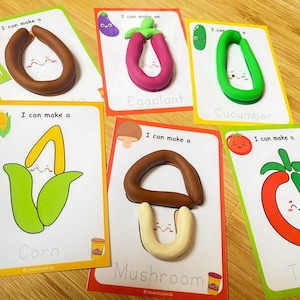 Tappetini per giocare a Doh, pasta per giocare stampabile con verdure, attività Montessori per giocare a Doh, abilità motorie prescolari, risorse per la scuola a casa.
