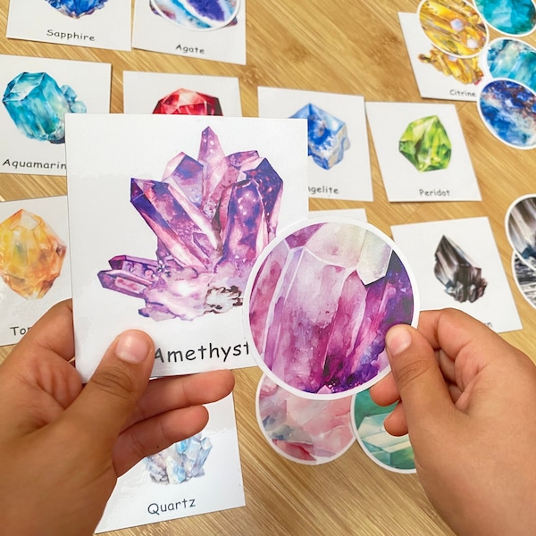 Gemstones Pattern Matching Cards, Minerals and Crystals, Geology Rocks,  Montessori Materials, Homeschool Learning