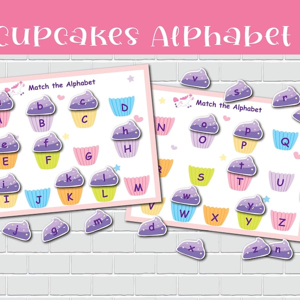 Cupcake Alphabet Matching Printable Activity. Toddler ABC Learning Worksheets. Preschool Uppercase and Lowercase Letter Learning.