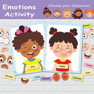 Girls Emotions Activity, Kids Feelings Matching Game, Personalized Busy Book Page, Preschool Learning, Homeschool Activity, File Folder Game