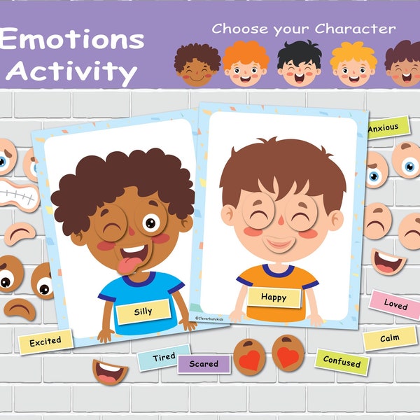 Boys Emotions Activity, Kids Feelings Matching Game, Personalized Busy Book Page, Preschool Learning, Homeschool Activity, File Folder Game