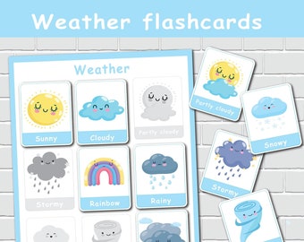 Weather Flashcards, Toddler Weather Chart,  Preschool Curriculum, Printable Activity, Homeschool Learning, Montessori Material