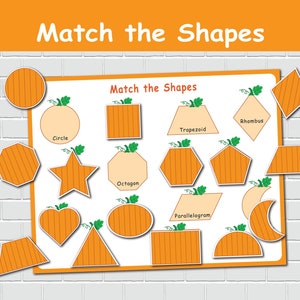 Activité imprimable correspondant aux formes de citrouilles. Page de livre occupée pour tout-petits. Cartable d'apprentissage préscolaire. Livre tranquille d'automne. Jeux de dossiers.