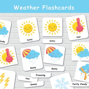 Cartões flash de três partes sobre o clima, cartões flash educacionais para crianças, atividades climáticas pré-escolares, currículo escolar em casa.
