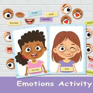 Emoties activiteit meisjes, kindergevoelens matchingspel, gepersonaliseerde drukke boekenpagina, voorschoolse leren, thuisschoolactiviteit, bestandsmapspel