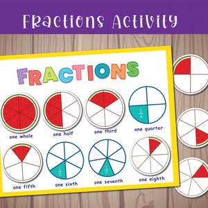 Könnte beinhalten: Ein farbenfrohes Lernspiel mit dem Wort "FRACTIONS" in großen Buchstaben. Die Grafik zeigt verschiedene Bruchteile einer Wassermelone, darunter ein Ganzes, eine Hälfte, ein Drittel, ein Viertel, ein Fünftel, ein Sechstel, ein Siebtel und ein Achtel.