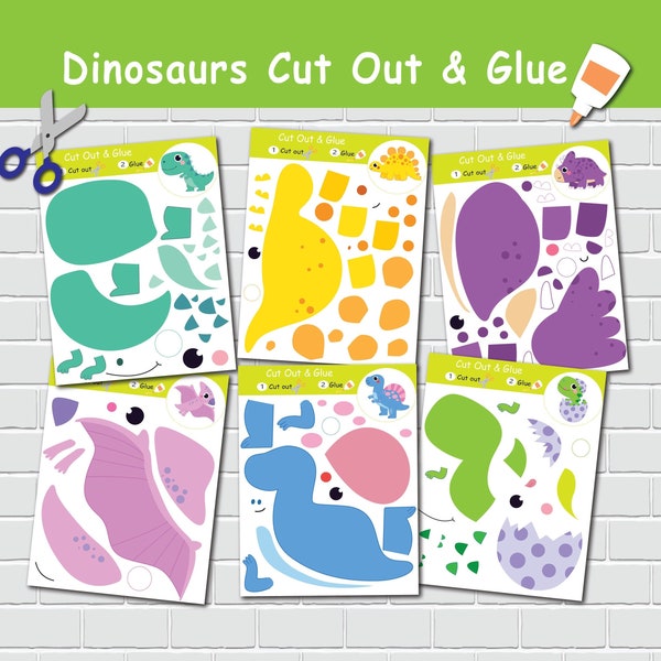 Dinosaurs Cut Out and Glue Activity for Kids. Preschool Cutting Practice Activity. Scissors Skills. Fine Motor Activity. Printable Crafts.