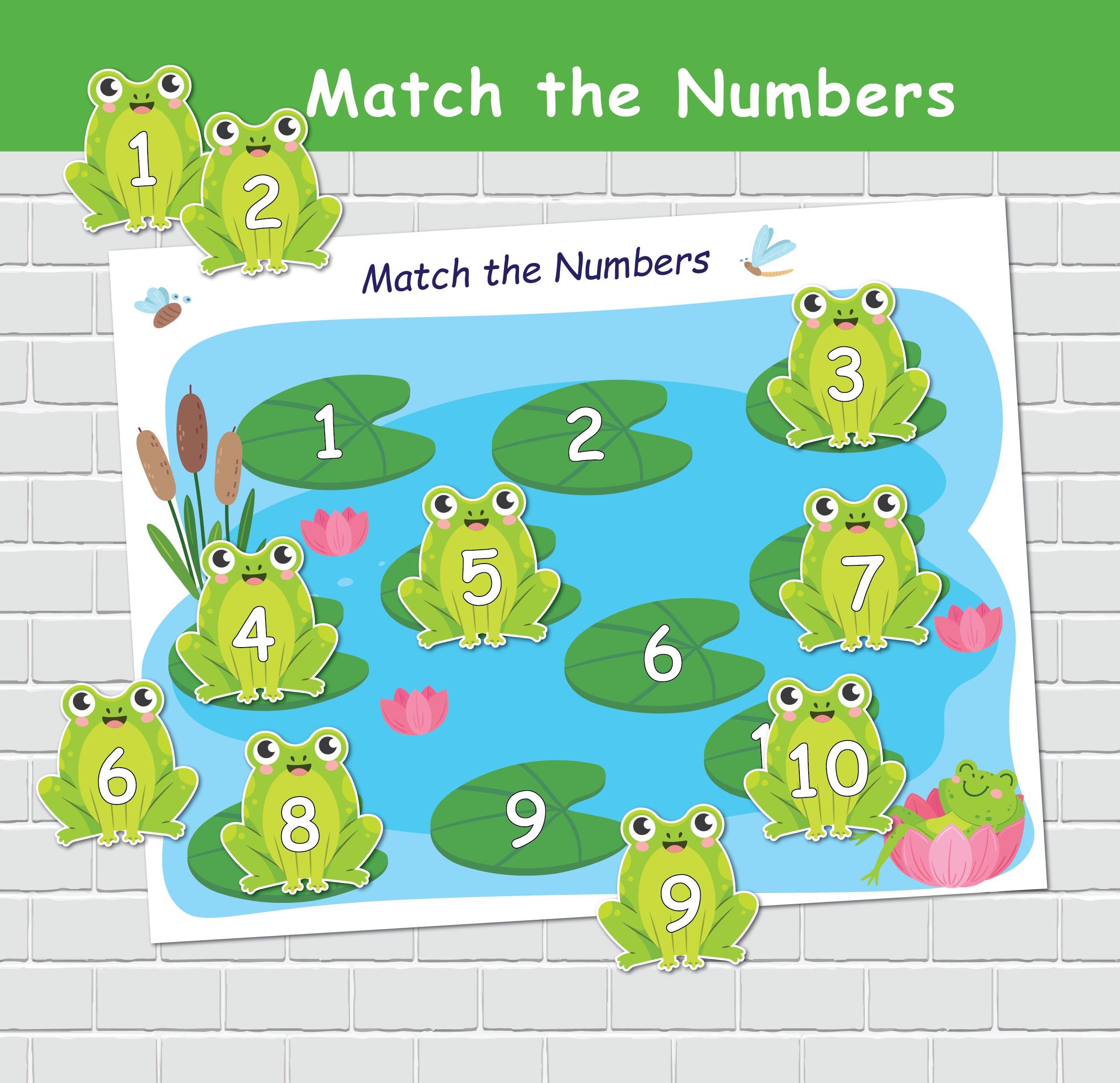 May include: A green frog matching game for kids. The game features ten frogs with numbers 1 through 10 on their bellies. The frogs are on lily pads in a pond. The game is titled "Match the Numbers".