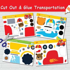Transportation Cut Out and Glue Activity for Kids. Cutting Practice Activity. Scissors Skills. Fine Motor Activity. Printable Crafts.