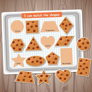 Activité d'association de formes de biscuits, formes 2D, jeux de classement, éducation spécialisée, cartable d'apprentissage préscolaire.