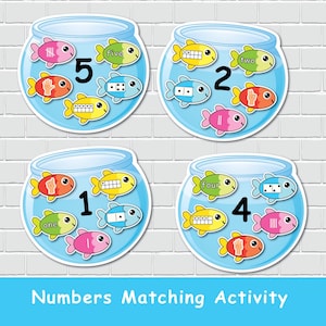 Activité d'association de nombres dans un bocal et un poisson, centres de mathématiques préscolaires, temps calme pour les tout-petits, cartable d'apprentissage, maternelle préscolaire