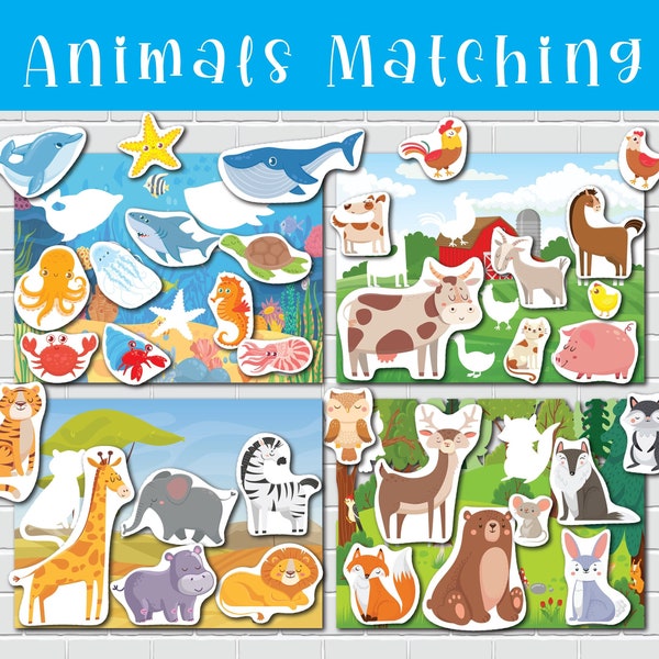 Animals Matching Activity Preschool Worksheets Toddler Busy Book Pages Learning Binder World Animals Quiet Book File Folder Games
