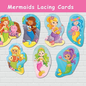 Carte per allacciare sirene, attività di abilità motoria fine in età prescolare, attività per bambini, giocattolo da legare Montessori, attività di apprendimento