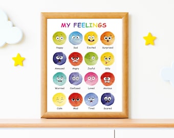 May include: A colorful chart with the title "My Feelings" and illustrations of different facial expressions representing emotions like happy, sad, excited, surprised, annoyed, angry, joyful, silly, worried, confused, loved, anxious, calm, mad, tired, and scared.