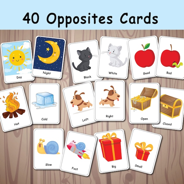 Opposites Matching FlashCards, Printable Activity, Pairing Cards, Preschool Memory Game, First Grade, Special Education, Homeschool Resource