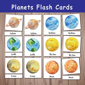 Cartes flash spatiales, cartes flash Montessori en trois parties du système solaire, planètes aquarelles, matériel Montessori imprimable.