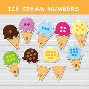 Eiscreme Zahlen Matching Aktivität. Kleinkinder Sortier- und Match-Spiel. Mathe beschäftigt Buch. Homeschool-Ressource. Kindergarten Pre-k.