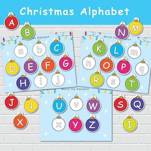 Juego de emparejamiento de letras con temática navideña para niños, actividades imprimibles con el alfabeto, páginas de libros para actividades de invierno, aprendizaje en el jardín de infantes y preescolar en el hogar