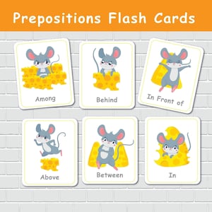 Flashcard con preposizioni, parole posizionali inglesi, attività stampabile, flashcard per bambini, risorse per la scuola domestica.