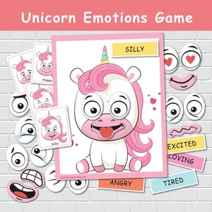 感情と気持ちのマッチングゲーム、子供向けのユニコーンテーマのアクティビティ、ホームスクールのリソース、就学前のワークシート、自閉症のアクティビティ。