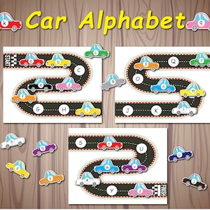 Actividad de combinación del alfabeto de coches ABC, páginas de libros ocupadas, carpeta de aprendizaje para niños pequeños, plan de estudios de educación en casa, aprendizaje preescolar
