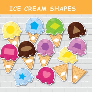Puede incluir: Conos de helado con diferentes formas en su interior. Las formas incluyen un círculo, un cuadrado, un rectángulo, un triángulo, un diamante, una estrella, un corazón, un pentágono, un hexágono y una estrella de cinco puntas. Los conos están sobre un fondo de ladrillos blancos. El texto "ICE CREAM SHAPES" está en la parte superior de la imagen.