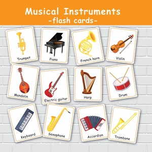 Cartes flash d'instruments de musique, activité imprimable pour tout-petits, cartes flash Montessori, apprentissage préscolaire, maternelle pré-K.