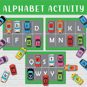 Alphabet Cars Park Busy Book Pages Printable Activity ABC Toddler Learning Binder Pages Homeschool Kindergarten Pre-K