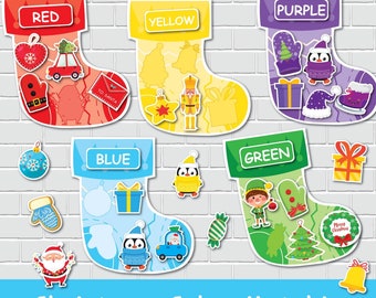 May include: A Christmas colour matching game with five colourful stockings, each with a different colour label: red, yellow, purple, blue, and green. Each stocking has various Christmas-themed images inside, such as a penguin, a nutcracker, a snowman, and a Christmas tree.
