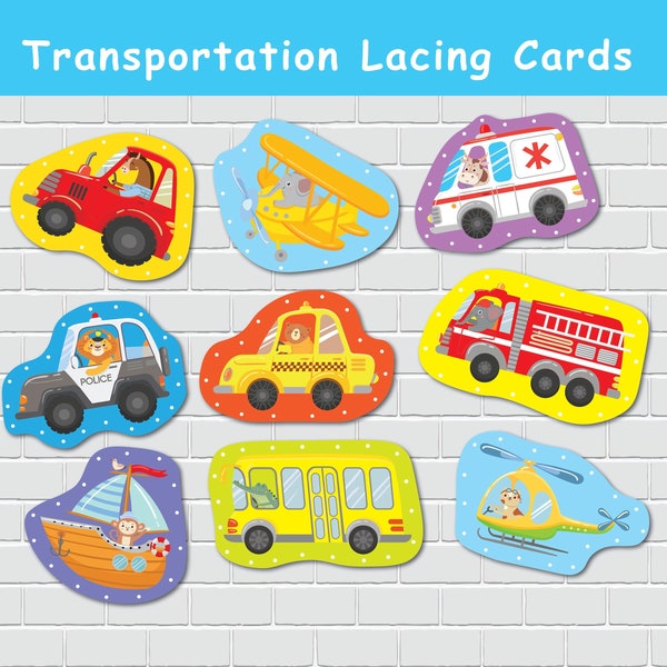 Transportation Lacing Cards, Preschool Fine Motor Skills Activity, Toddler Lacing Practice,Montessori Tying Toy, Vehicles Learning Activity.