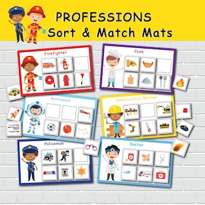 Community Helpers Preschool Sorting Mats. Professions Printable Activity. Jobs and Occupations Worksheets. Toddler Busy Book Pages.